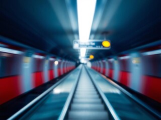 Blurred cityscape view from metro escalator with light blue background showing movement in urban infrastructure, blurry, transportation