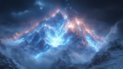 Fototapeta premium Frozen Mountain Range Illuminated by Lightning