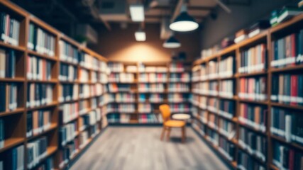 Fototapeta premium Blurred library interior with shelves of books, creating a picturesque backdrop for educational projects and business presentations, blurry room, library