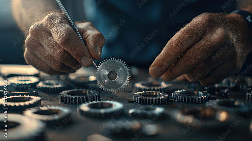 Poster a close-up of hands meticulously working with gears on a table, showcasing craftsmanship and precisi
