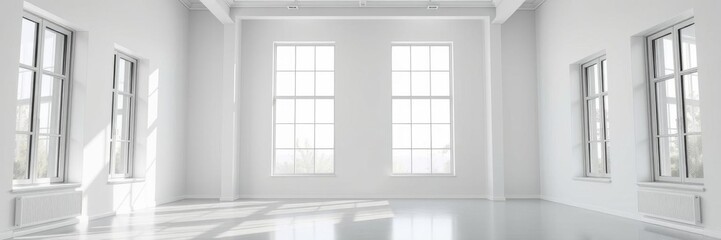 Bright and modern white living room with floor-to-ceiling windows, clean, luxury