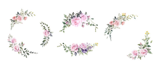 Vector watercolor floral border wreath. Spring pink roses frame with leaves, yellow grass flowers. Cards, invitations, decorative borders garlands. Wedding, Mother's Day, Valentine's Day, Women's Day