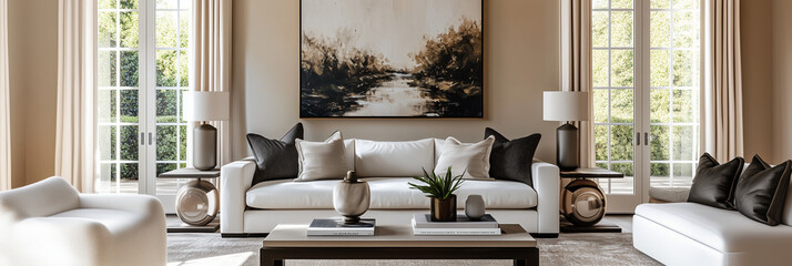 Modern living room with white sofa, abstract wall art, and large windows
