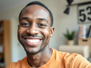 Naklejka premium Cheerful African American man with a confident smile standing in a home office setting, posing for a close-up headshot, close-up, home office