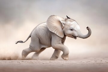 Baby elephant is running through the desert. The scene is filled with dust and the elephant is the main focus of the image