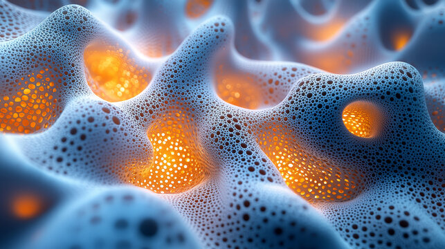A mesmerizing close-up of filigree fractal biogen nanostructures, featuring glowing hexagonal holes. Generative AI