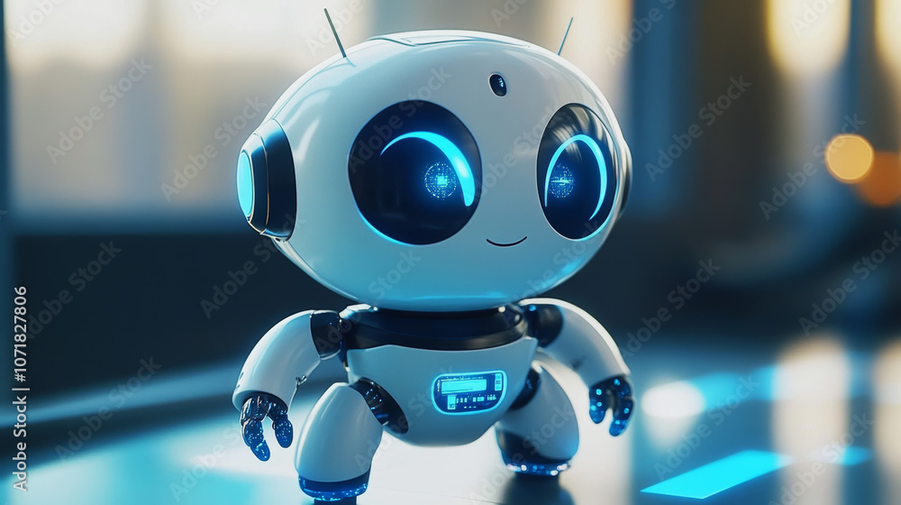 Poster a friendly robot with ai powers, ready to help with customer service. this fun character uses techno
