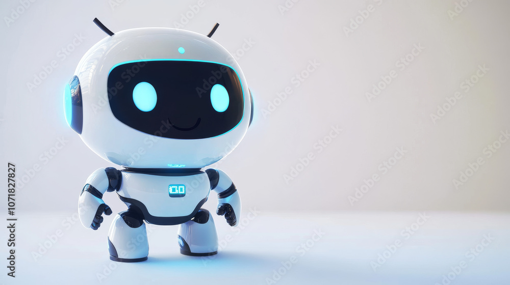 Poster a friendly robot with ai powers, ready to help with customer service. this fun character uses techno