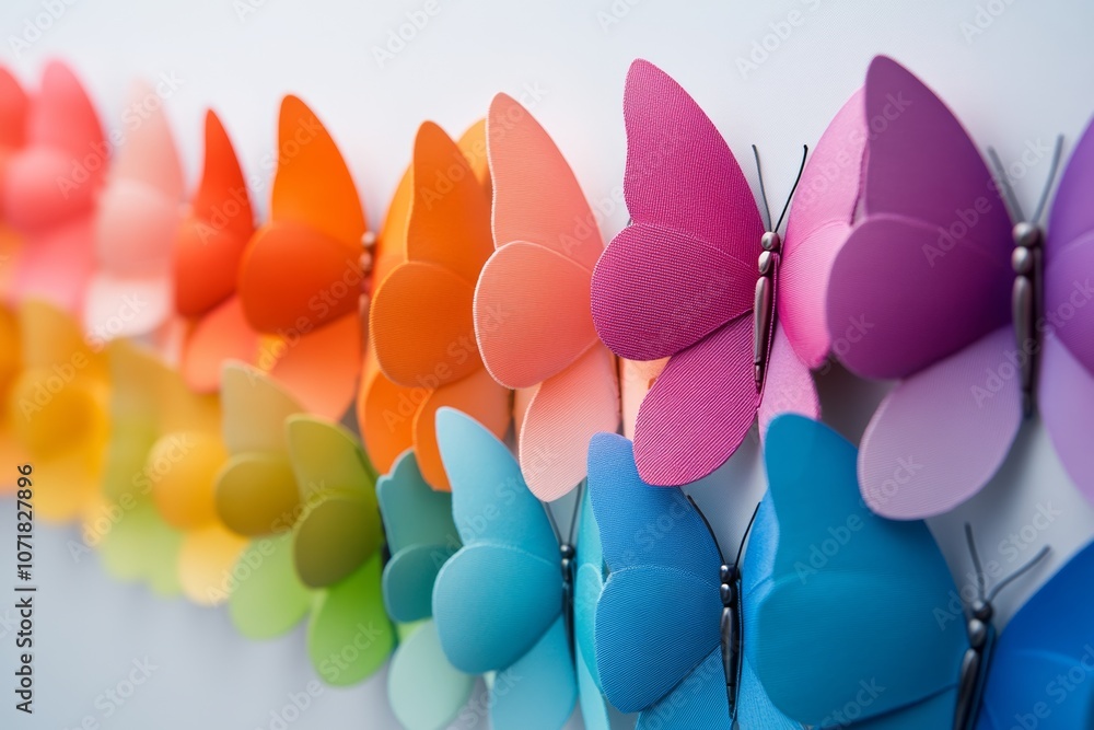 Poster row of colorful butterflies are hanging on a wall. the butterflies are of different colors and sizes