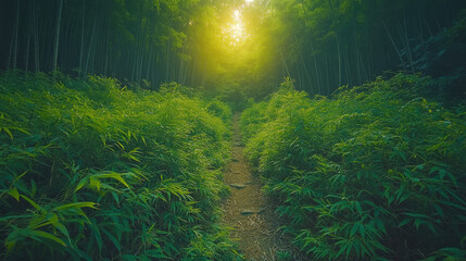 Obraz premium Serene pathway through lush greenery in a bamboo forest