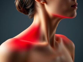 Fototapeta premium Close up of a young woman with neck and shoulder pain injury highlighted in red, healthcare and medical concept, concept, neck