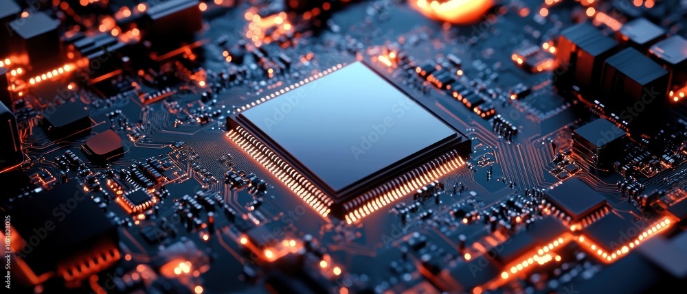Poster a close-up view of a microchip on a circuit board, showcasing technology and design.