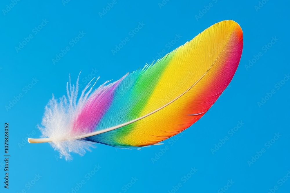 Poster rainbow feather is flying in the sky. the feather is colorful and has a rainbow pattern. the sky is 