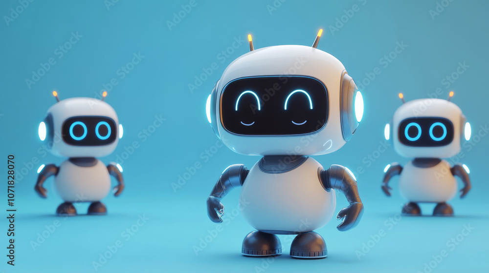 Poster a friendly robot with ai powers, ready to help with customer service. this fun character uses techno