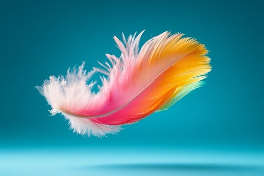 Fototapeta Colorful feather is floating in the air above a blue background. The feather is made up of different colors, including pink, yellow, and green. Concept of freedom and lightness