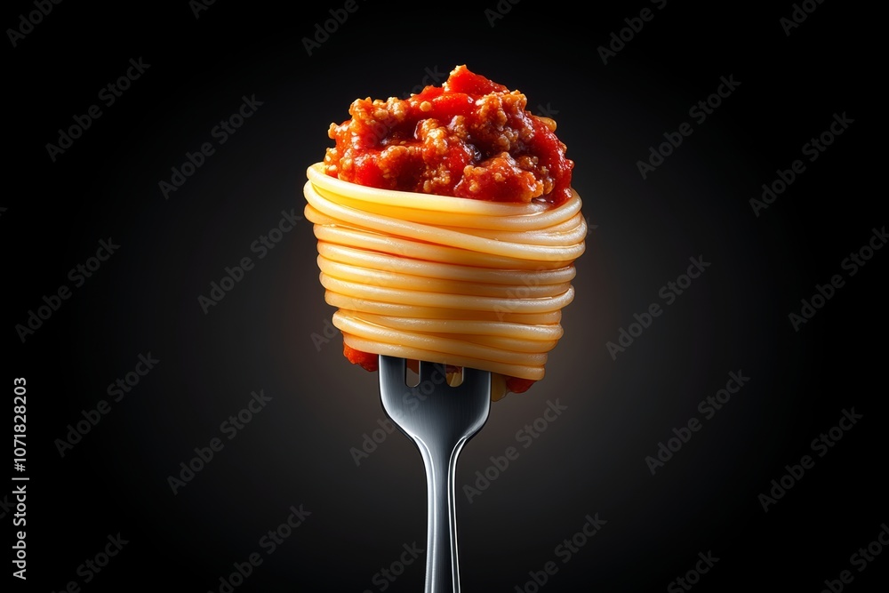 Poster fork with a piece of spaghetti and a leaf of basil on top. the fork is bent at the end, and the spag