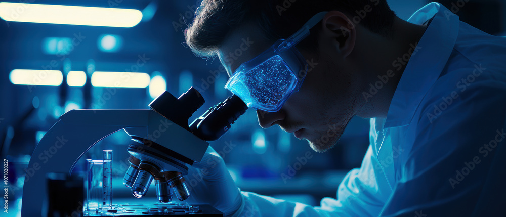 Poster a scientist in goggles closely examines a sample under a microscope in a high-tech laboratory illumi