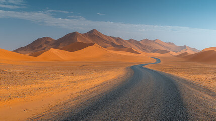 Naklejka premium A winding road through stunning orange desert dunes and mountains