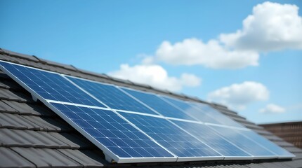 Solar panels on the roof of the house, blue sky, clouds