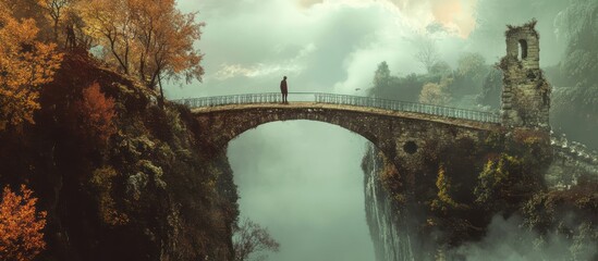 Solitary Figure on a Bridge in the Mist