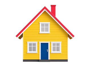 a yellow house with a blue door and a red roof