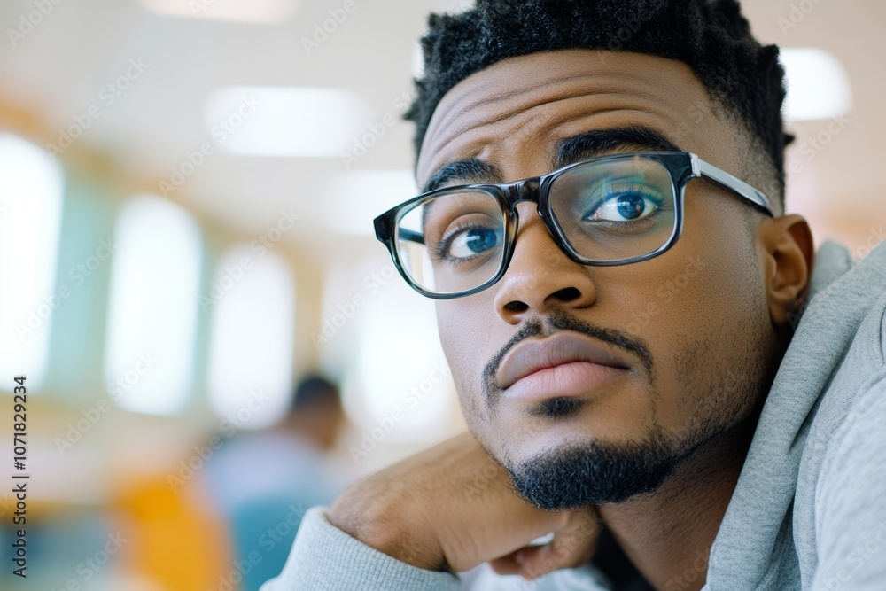 Aufkleber man with glasses and a beard is looking at the camera. he is deep in thought