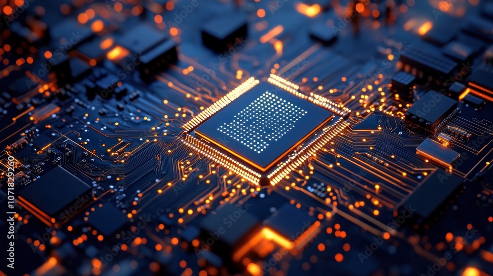 Poster a close-up of a microprocessor on a circuit board, showcasing technology and design.