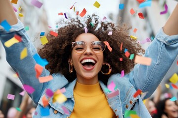 Woman with curly hair and glasses is surrounded by colorful confetti. She is smiling and she is celebrating something