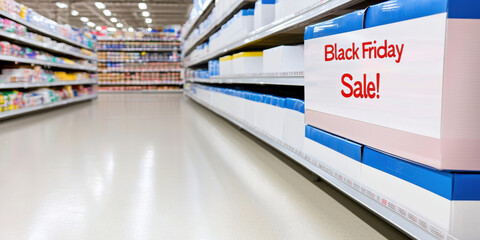 Fototapeta premium Black Friday sale sign in retail aisle, showcasing discounts and excitement