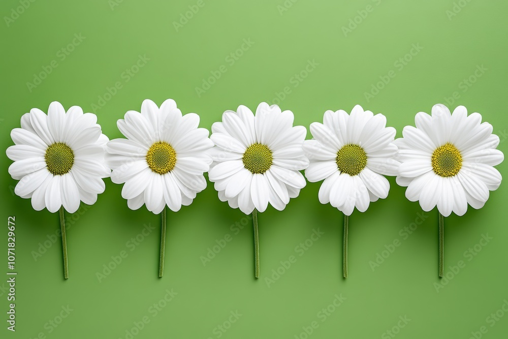 Poster row of five white daisies are arranged on a green background. the daisies are all facing the same di