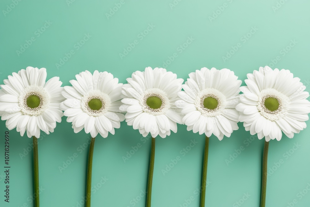 Poster row of white flowers are arranged in a line on a green background. the flowers are all facing the sa