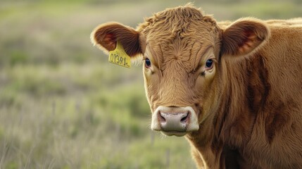 A close-up of a young brown calf with a tag in its ear, set against a grassy background.