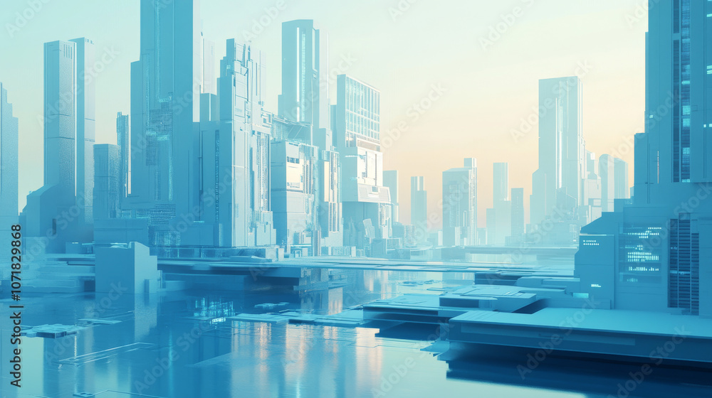 Poster a futuristic city scene with a focus on technology and data security. the design uses a blue color s
