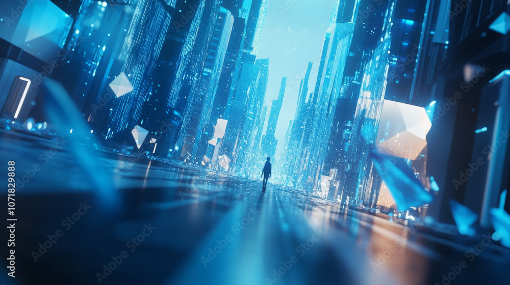 Poster a futuristic city scene with a focus on technology and data security. the design uses a blue color s