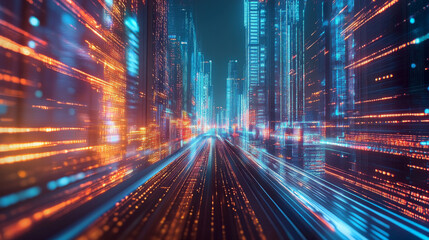 Fototapeta premium A futuristic city with dazzling lights and fast-moving data streams. The design highlights the connection between technology and modern urban life.