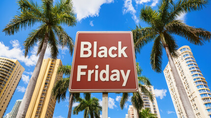 Naklejka premium Black Friday sale sign with palm trees and buildings in background