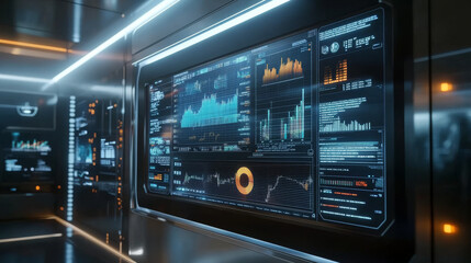 Fototapeta premium A futuristic glass screen shows a chart with business data. It displays financial growth, market trends, and economic information.