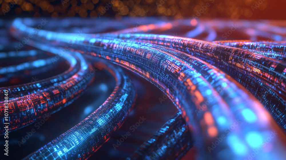 Poster a futuristic image showing data flowing in 3d. it represents modern technology for transferring data