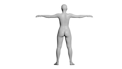 White Female Mannequin in T-Pose Isolated on Transparent Background. Back View.