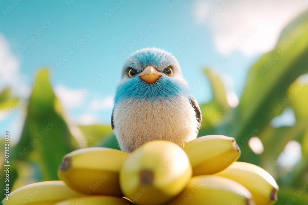 Poster bird is perched on top of a pile of bananas. the bird appears to be angry and is staring at the came