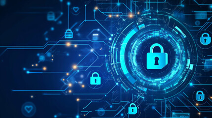 Obraz premium A futuristic image shows data security being scanned. Blue background with lock symbols represents secure technology and digital protection.