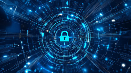 Fototapeta premium A futuristic image shows data security being scanned. Blue background with lock symbols represents secure technology and digital protection.
