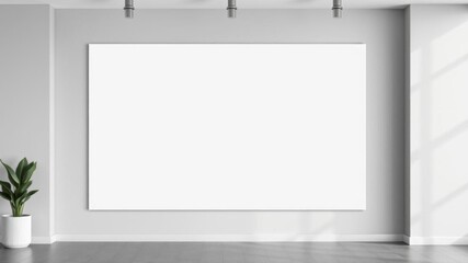 Obraz premium Empty white poster hanging on a gray wall in a contemporary office space with minimalistic design elements, contemporary, gray