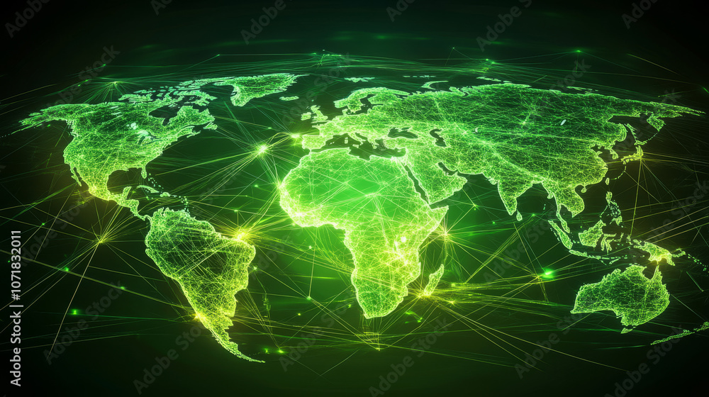 Aufkleber a futuristic map of the world showing a global social network. the image features a green, glowing e