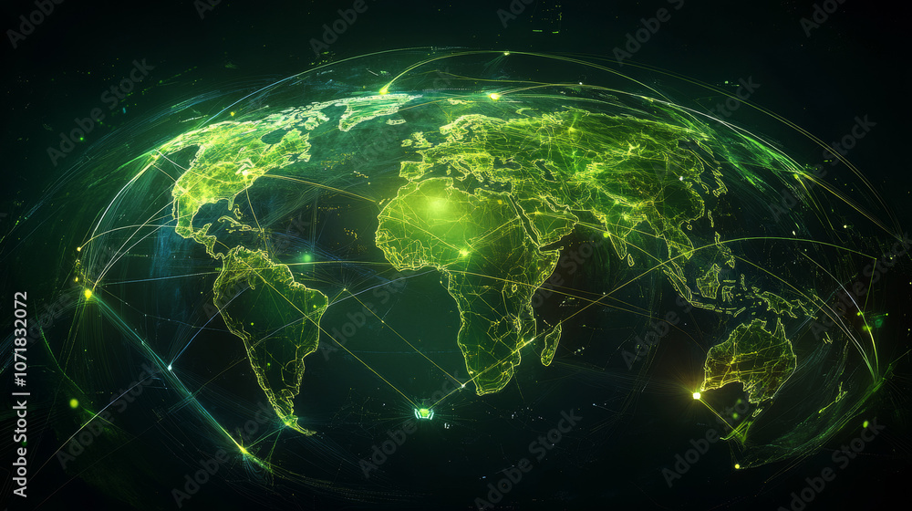 Poster a futuristic map of the world showing a global social network. the image features a green, glowing e