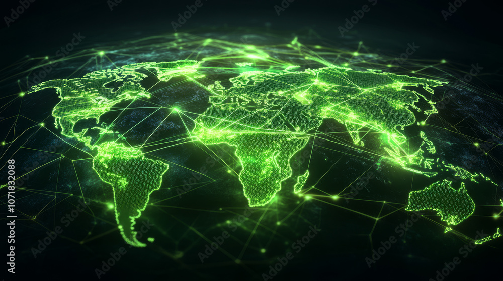 Poster a futuristic map of the world showing a global social network. the image features a green, glowing e
