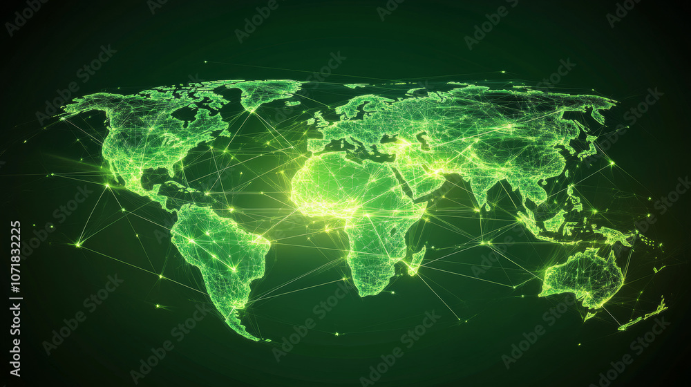 Poster a futuristic map of the world showing a global social network. the image features a green, glowing e