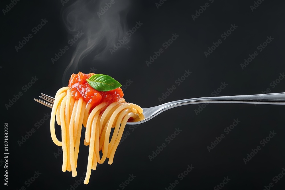 Poster fork with a piece of spaghetti and a small amount of sauce on it. the fork is on a black background
