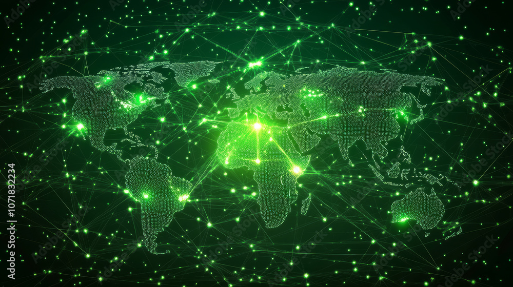 Aufkleber a futuristic map of the world showing a global social network. the image features a green, glowing e