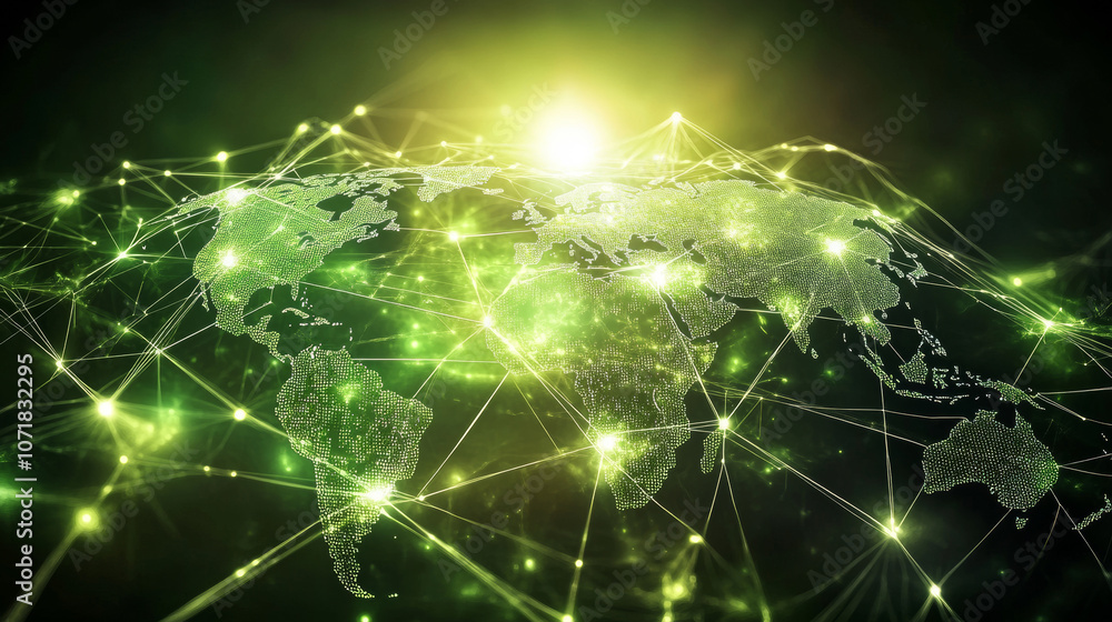 Poster A futuristic map of the world showing a global social network. The image features a green, glowing Earth with interconnected lines, representing the internet and technology.